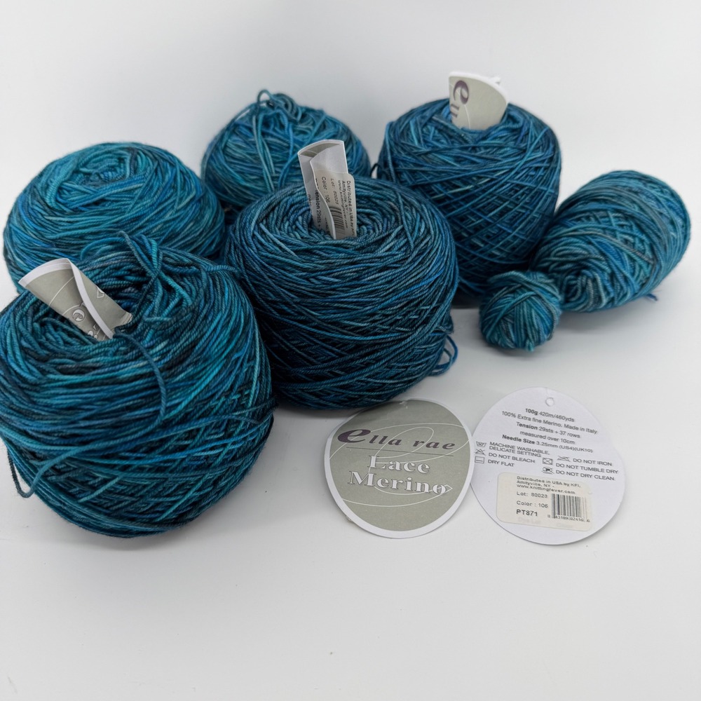Ella Rae Lace Merino Yarn 100% Extra Fine Wool Teal Blue Variegated Lot of 6 106
